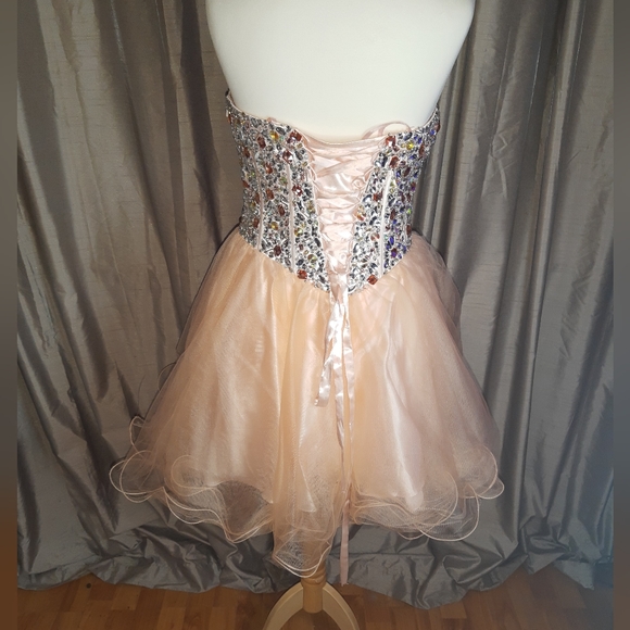 Bejeweled peach sweetheart short full skirt prom / party dress Goya London 10-12 - Picture 11 of 16